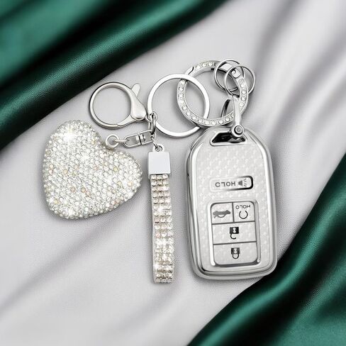 غطاء مفتاح Fob مع سلسلة مفاتيح Diamond Bling للنساء، حامل مفاتيح السيارة متوافق مع Honda 2016 2017 2018 2019 2020 2021 إلخ، حافظة مفاتيح TPU وسلسلة مفاتيح قلب أنيقة (فضي، قطعة واحدة) in Kuwait