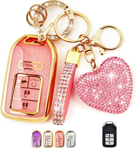 غطاء مفتاح Fob مع سلسلة مفاتيح Diamond Bling للنساء، حامل مفاتيح السيارة متوافق مع Honda 2016 2017 2018 2019 2020 2021 إلخ، حافظة مفاتيح TPU وسلسلة مفاتيح قلب أنيقة (فضي، قطعة واحدة) in Kuwait