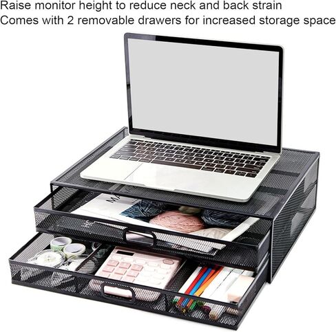 Monitor Stand Riser with Drawer Large Storage Space Anti Slip Rubber Pad Metal Mesh Monitor Riser for Office Household in Saudi Arabia