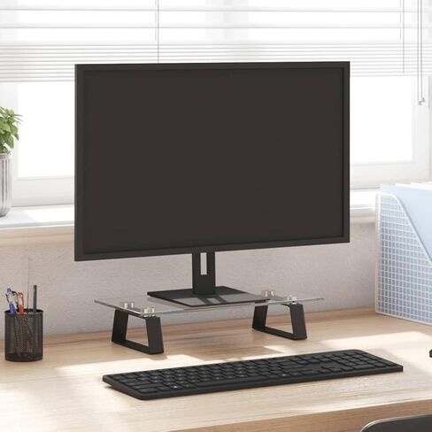 Monitor Stand Riser, Tempered Glass and Metal Computer Desk Organizer, Ergonomic Desktop Shelf for Laptop, Keyboard Storage, 15.7 x 7.9 x 3.1 Inch, Black in Saudi Arabia