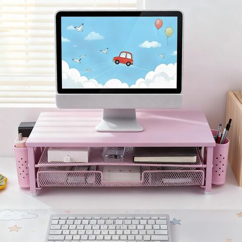 1pc Monitor Stand Riser And Desk Organizer With Storage Drawer And Pen Holder, Suitable For Computer, Printer, Office Supplies, Desk & Drawer Organizer For Home Storage & Space-Saving Office Organize (PINK) in Saudi Arabia