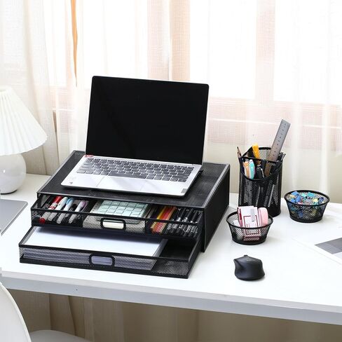 Metal Mesh Desk Organisers Monitor Stand with 2 Storage Drawers Organizer Supplies for Notebook Organizer Monitor Stand Computer Organize for Desktop Laptop in Saudi Arabia