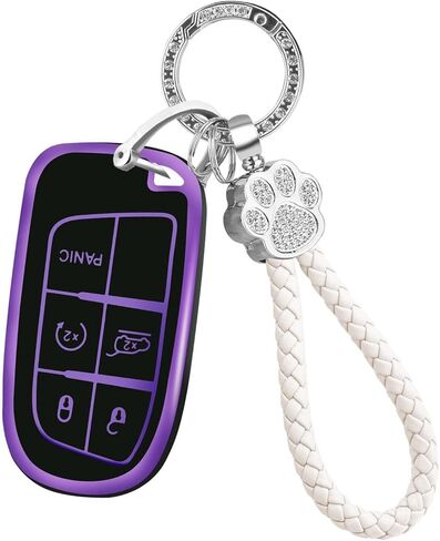 Key Fob Cover with Keychain Fit Jeep Dodge, Key Fob Case Cover Compatible with Jeep Grand Cherokee Renegade Compass Dodge Charger Durango Journey Challenger Chrysler 200 300 Key, Purple in Saudi Arabia