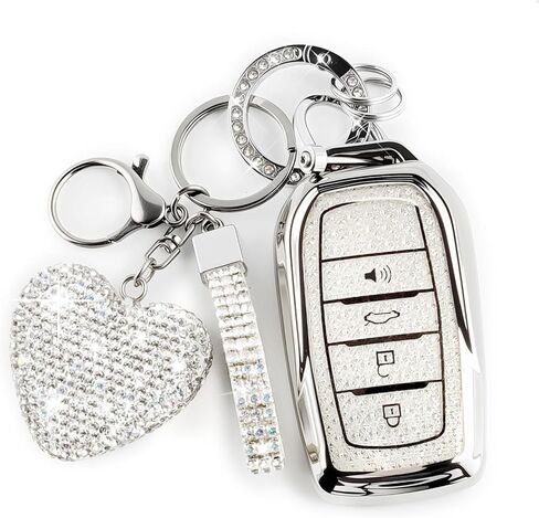 غطاء مفتاح Fob مع سلسلة مفاتيح Diamond Bling، متوافق مع Toyota 2022 2023 2024 2025 2026 إلخ، حافظة مفاتيح ذكية من مادة TPU وقلب من حجر الراين للنساء (أبيض) in Kuwait
