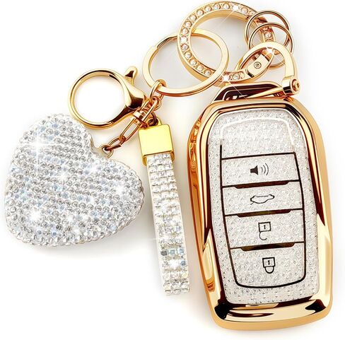 غطاء مفتاح Fob مع سلسلة مفاتيح Diamond Bling، متوافق مع Toyota 2022 2023 2024 2025 2026 إلخ، حافظة مفاتيح ذكية من مادة TPU وقلب من حجر الراين للنساء (أبيض) in Kuwait