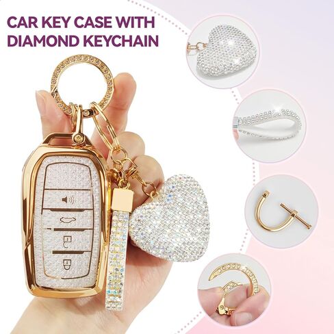 غطاء مفتاح Fob مع سلسلة مفاتيح Diamond Bling، متوافق مع Toyota 2022 2023 2024 2025 2026 إلخ، حافظة مفاتيح ذكية من مادة TPU وقلب من حجر الراين للنساء (أبيض) in Kuwait