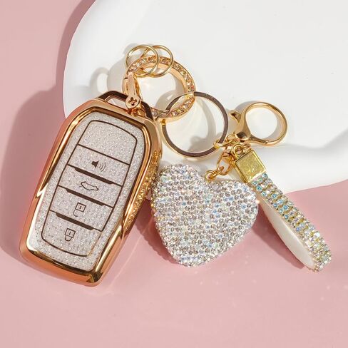 غطاء مفتاح Fob مع سلسلة مفاتيح Diamond Bling، متوافق مع Toyota 2022 2023 2024 2025 2026 إلخ، حافظة مفاتيح ذكية من مادة TPU وقلب من حجر الراين للنساء (أبيض) in Kuwait