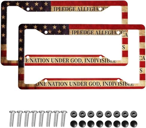 Patriotic American Flag License Plate Frame Pledge of Allegiance License Plate Covers 2 Pack Aluminum Novelty Auto Car Tag Holder with 4 Holes 12.3 x 6.3 Inch Equipped with Screws for Women/Men Frames in Kuwait