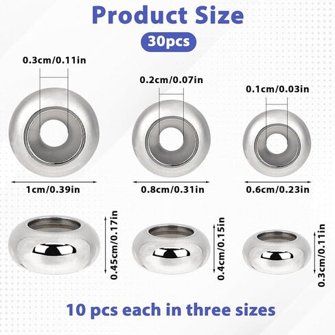 30 PCS Stopper Beads for Bracelets, Adjustable Stainless Steel Slider Beads for Jewelry Making, 7mm 8mm 10mm Stopper Bead for Bracelets Necklaces Chain DIY in Saudi Arabia