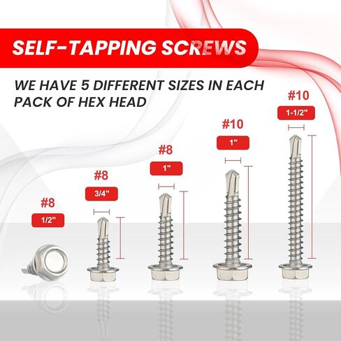 Truss Head Self Tapping Screws for Metal–Stainless Steel 410 – Pack of 250 (#8x1/2, #8x3/4,#8x1,#10x1,#10x1-1/2) – 5 Sizes Sheet Metal Screws –Self Drilling Screws –Rust & Wear Resistant in Saudi Arabia