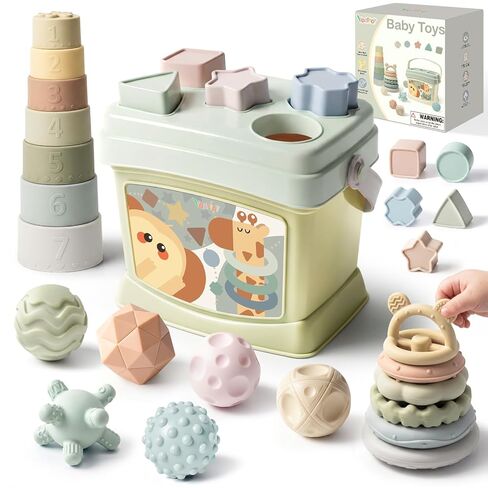 Baby Toys 6-12 Months, Montessori Toys for Babies, Shape Sorter & Stacking Rings & Stacking Cups & Sensory Balls, Teething Toys & Stacking Toys for 6+ Months, Neutral Color Gift for Boys Girls in Kuwait