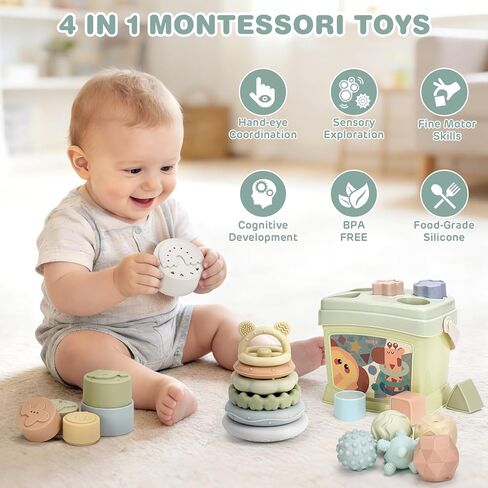 Baby Toys 6-12 Months, Montessori Toys for Babies, Shape Sorter & Stacking Rings & Stacking Cups & Sensory Balls, Teething Toys & Stacking Toys for 6+ Months, Neutral Color Gift for Boys Girls in Kuwait