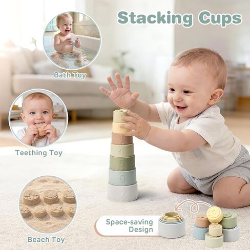 Baby Toys 6-12 Months, Montessori Toys for Babies, Shape Sorter & Stacking Rings & Stacking Cups & Sensory Balls, Teething Toys & Stacking Toys for 6+ Months, Neutral Color Gift for Boys Girls in Kuwait