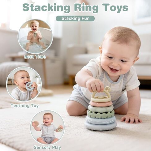 Baby Toys 6-12 Months, Montessori Toys for Babies, Shape Sorter & Stacking Rings & Stacking Cups & Sensory Balls, Teething Toys & Stacking Toys for 6+ Months, Neutral Color Gift for Boys Girls in Kuwait