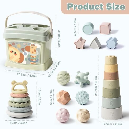 Baby Toys 6-12 Months, Montessori Toys for Babies, Shape Sorter & Stacking Rings & Stacking Cups & Sensory Balls, Teething Toys & Stacking Toys for 6+ Months, Neutral Color Gift for Boys Girls in Kuwait