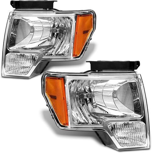 مجموعة المصابيح الأمامية لسيارة Ford F150 من الكروم موديل 2009-2014 عاكس كهرمان شفاف عدسة بديلة OE للسائق وجانب الركاب (بدون مصابيح) in Kuwait