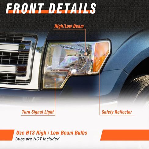 مجموعة المصابيح الأمامية لسيارة Ford F150 من الكروم موديل 2009-2014 عاكس كهرمان شفاف عدسة بديلة OE للسائق وجانب الركاب (بدون مصابيح) in Kuwait