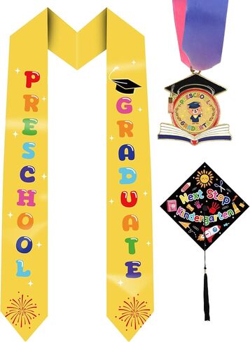 Kindergarten Preschool Graduation Cap and Stole - Grad Caps and Award Medals, Colorful Letter Printed Sash for Kid in Saudi Arabia