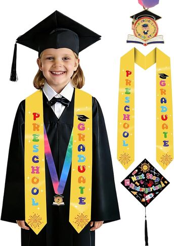 Kindergarten Preschool Graduation Cap and Stole - Grad Caps and Award Medals, Colorful Letter Printed Sash for Kid in Saudi Arabia