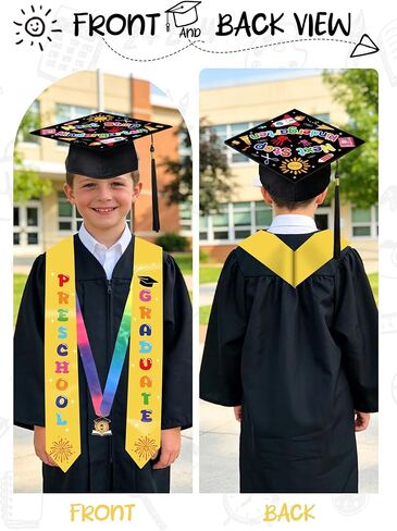 Kindergarten Preschool Graduation Cap and Stole - Grad Caps and Award Medals, Colorful Letter Printed Sash for Kid in Saudi Arabia