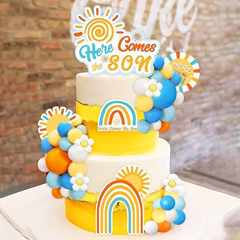 Here Comes The Son Baby Shower Decor Here Comes The Son Cake Topper Daisy Sun Cake Decorations for Sunshine Theme Birthday Party Supplies Orange Blue Balls Cake Toppers in Kuwait