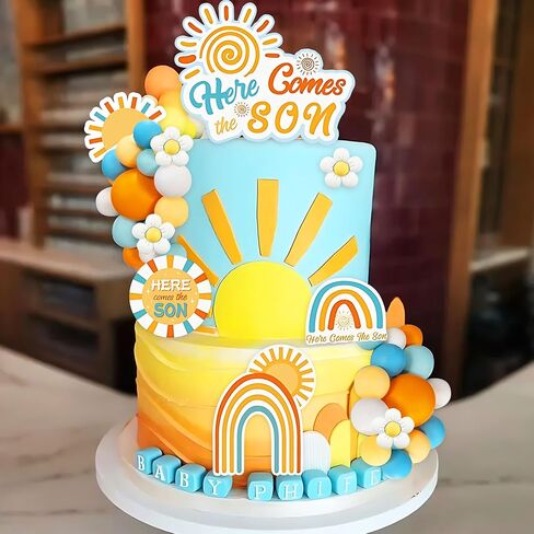 Here Comes The Son Baby Shower Decor Here Comes The Son Cake Topper Daisy Sun Cake Decorations for Sunshine Theme Birthday Party Supplies Orange Blue Balls Cake Toppers in Kuwait