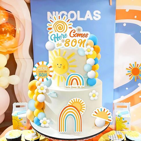 Here Comes The Son Baby Shower Decor Here Comes The Son Cake Topper Daisy Sun Cake Decorations for Sunshine Theme Birthday Party Supplies Orange Blue Balls Cake Toppers in Kuwait