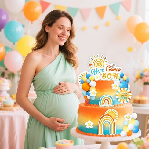 Here Comes The Son Baby Shower Decor Here Comes The Son Cake Topper Daisy Sun Cake Decorations for Sunshine Theme Birthday Party Supplies Orange Blue Balls Cake Toppers in Kuwait