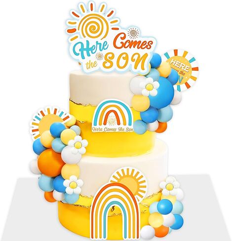 Here Comes The Son Baby Shower Decor Here Comes The Son Cake Topper Daisy Sun Cake Decorations for Sunshine Theme Birthday Party Supplies Orange Blue Balls Cake Toppers in Kuwait