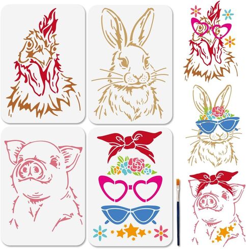 MAYJOYDIY 4Pcs Rabbit Rooster Pig Sunglasses Stencils 11.7×8.3inch Reusable Hiphop Chicken Stencil for Painting Bunny Templates with Paint Brush for Window Wood Wall Home Gift Decoration in Kuwait