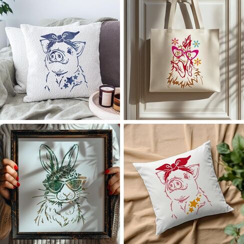 MAYJOYDIY 4Pcs Rabbit Rooster Pig Sunglasses Stencils 11.7×8.3inch Reusable Hiphop Chicken Stencil for Painting Bunny Templates with Paint Brush for Window Wood Wall Home Gift Decoration in Kuwait