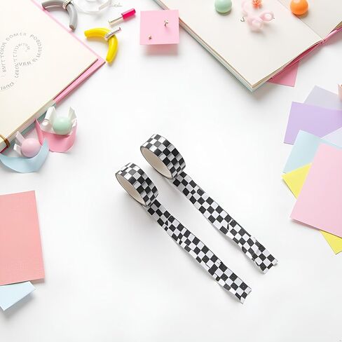2Pcs Black White Decorative Washi Tape Compact Checkerboard Pattern Paper Tape DIY Fade-Resistant Arts Black and White Washi Tape and Crafts Tape Arts and Crafts Tape Adhesives in Saudi Arabia
