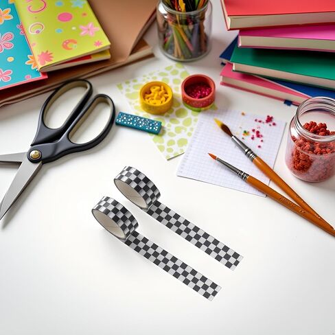 2Pcs Black White Decorative Washi Tape Compact Checkerboard Pattern Paper Tape DIY Fade-Resistant Arts Black and White Washi Tape and Crafts Tape Arts and Crafts Tape Adhesives in Saudi Arabia