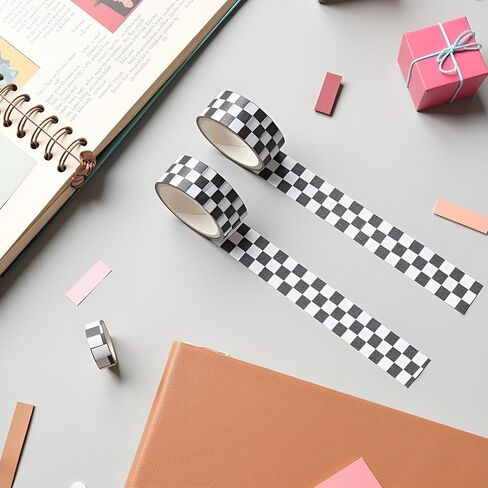 2Pcs Black White Decorative Washi Tape Compact Checkerboard Pattern Paper Tape DIY Fade-Resistant Arts Black and White Washi Tape and Crafts Tape Arts and Crafts Tape Adhesives in Saudi Arabia