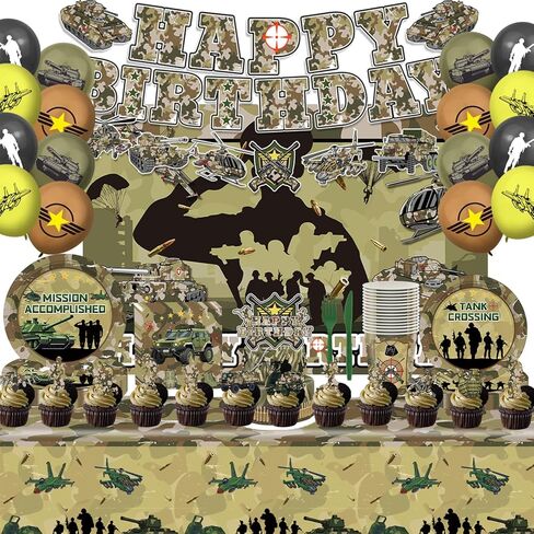 106Pcs Camo Army Birthday Party Decorations 12-Guest Set, Reusable Military Theme Supplies with Backdrop, Banner, Camo Balloons, Durable Plates & Napkins for Kids Adults Army Party Favors in Saudi Arabia