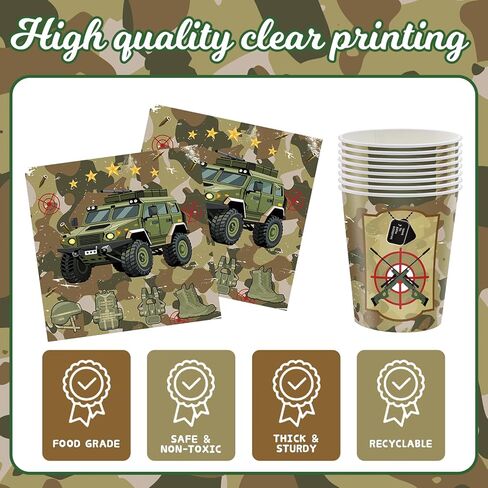 106Pcs Camo Army Birthday Party Decorations 12-Guest Set, Reusable Military Theme Supplies with Backdrop, Banner, Camo Balloons, Durable Plates & Napkins for Kids Adults Army Party Favors in Saudi Arabia