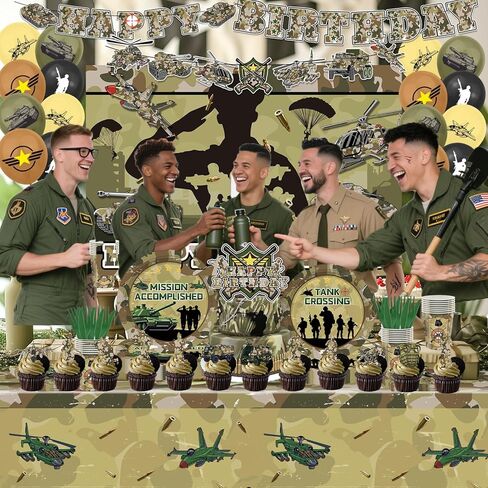 106Pcs Camo Army Birthday Party Decorations 12-Guest Set, Reusable Military Theme Supplies with Backdrop, Banner, Camo Balloons, Durable Plates & Napkins for Kids Adults Army Party Favors in Saudi Arabia