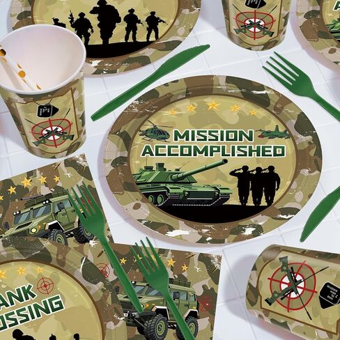 106Pcs Camo Army Birthday Party Decorations 12-Guest Set, Reusable Military Theme Supplies with Backdrop, Banner, Camo Balloons, Durable Plates & Napkins for Kids Adults Army Party Favors in Saudi Arabia