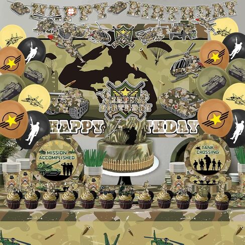 106Pcs Camo Army Birthday Party Decorations 12-Guest Set, Reusable Military Theme Supplies with Backdrop, Banner, Camo Balloons, Durable Plates & Napkins for Kids Adults Army Party Favors in Saudi Arabia