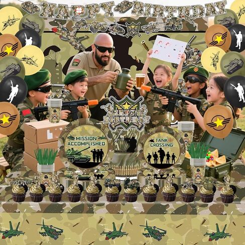106Pcs Camo Army Birthday Party Decorations 12-Guest Set, Reusable Military Theme Supplies with Backdrop, Banner, Camo Balloons, Durable Plates & Napkins for Kids Adults Army Party Favors in Saudi Arabia