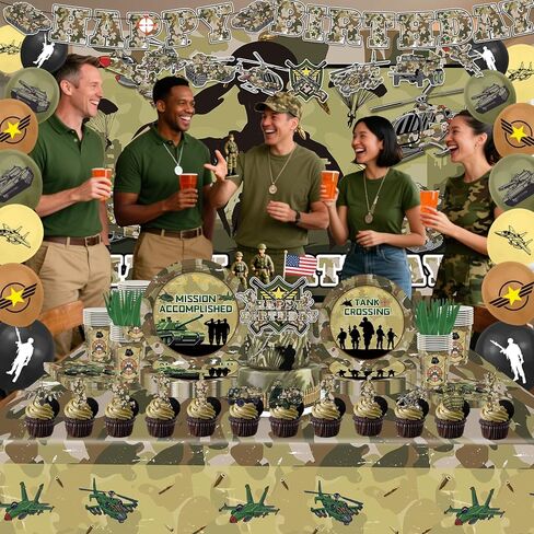 106Pcs Camo Army Birthday Party Decorations 12-Guest Set, Reusable Military Theme Supplies with Backdrop, Banner, Camo Balloons, Durable Plates & Napkins for Kids Adults Army Party Favors in Saudi Arabia