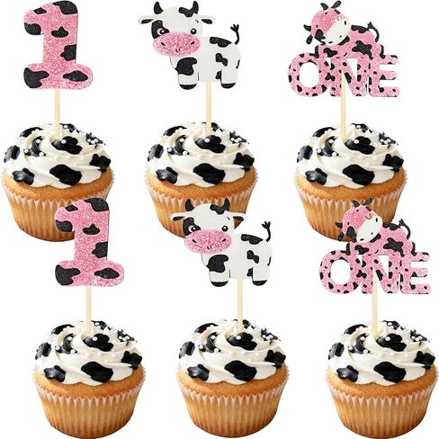 Cow One Cupcake Toppers - 12Pcs Pink Glitter Farm Animals First Birthday Cupcake Decorations for Cow Theme 1st Birthday Baby Shower Party Cake Decor in Saudi Arabia