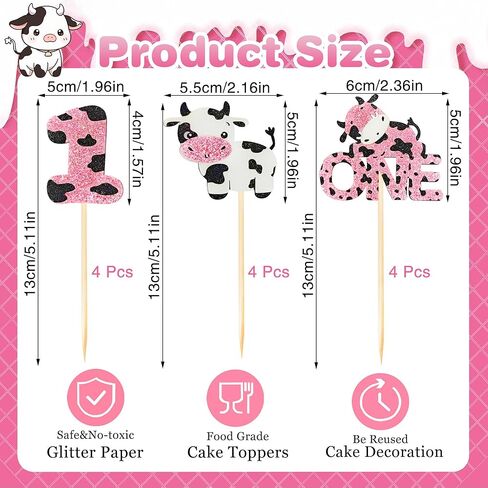 Cow One Cupcake Toppers - 12Pcs Pink Glitter Farm Animals First Birthday Cupcake Decorations for Cow Theme 1st Birthday Baby Shower Party Cake Decor in Saudi Arabia