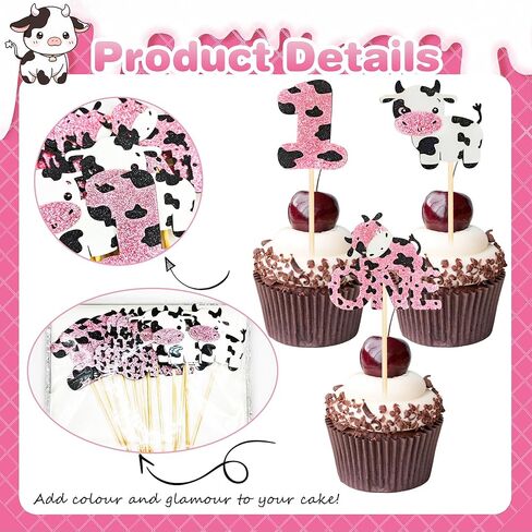 Cow One Cupcake Toppers - 12Pcs Pink Glitter Farm Animals First Birthday Cupcake Decorations for Cow Theme 1st Birthday Baby Shower Party Cake Decor in Saudi Arabia