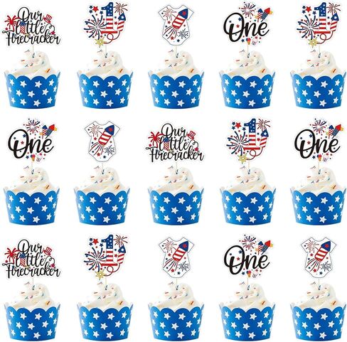 Firefairy Little Firecracker First Birthday Cupcake Toppers, 24pcs Red White Blue, 4th of July & 1st Birthday Decor in Saudi Arabia