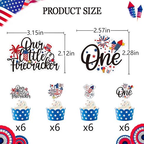 Firefairy Little Firecracker First Birthday Cupcake Toppers, 24pcs Red White Blue, 4th of July & 1st Birthday Decor in Saudi Arabia