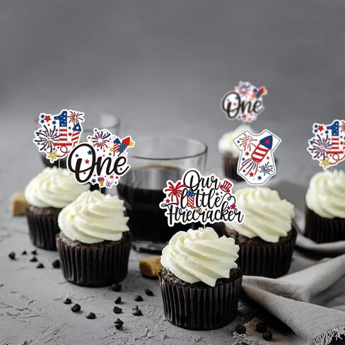 Firefairy Little Firecracker First Birthday Cupcake Toppers, 24pcs Red White Blue, 4th of July & 1st Birthday Decor in Saudi Arabia