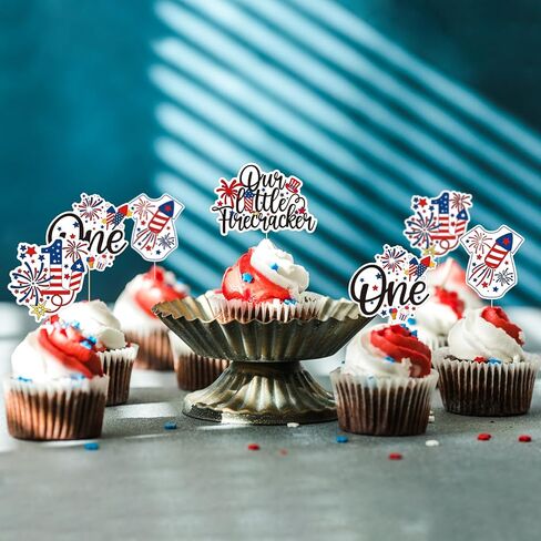 Firefairy Little Firecracker First Birthday Cupcake Toppers, 24pcs Red White Blue, 4th of July & 1st Birthday Decor in Saudi Arabia