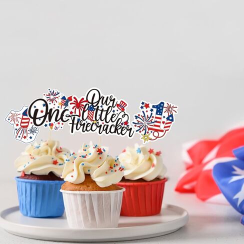 Firefairy Little Firecracker First Birthday Cupcake Toppers, 24pcs Red White Blue, 4th of July & 1st Birthday Decor in Saudi Arabia