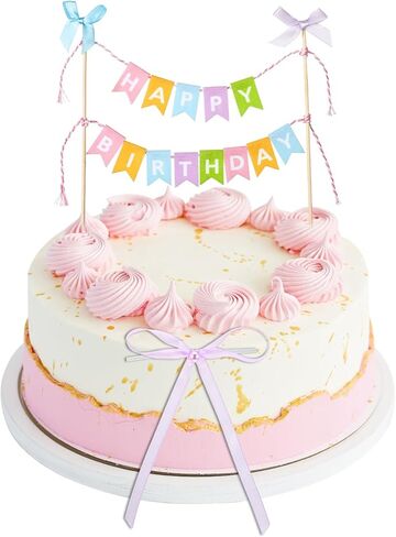 11 Pcs Happy Birthday Cake Topper Banner Bow Ribbon Cake Topper Happy Birthday Cakes Bunting Toppers with Wood Pole Handmade Pennant Flags with Bow Ribbon for Donut Cakes Cupcakes in Kuwait
